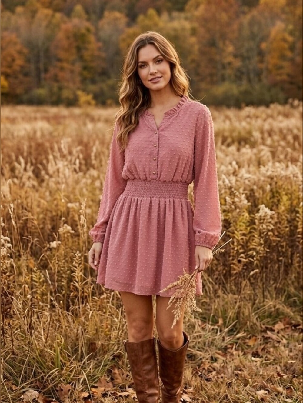 J for Justify Dusty Rose Swiss Dot Smocked Waist Mini Dress